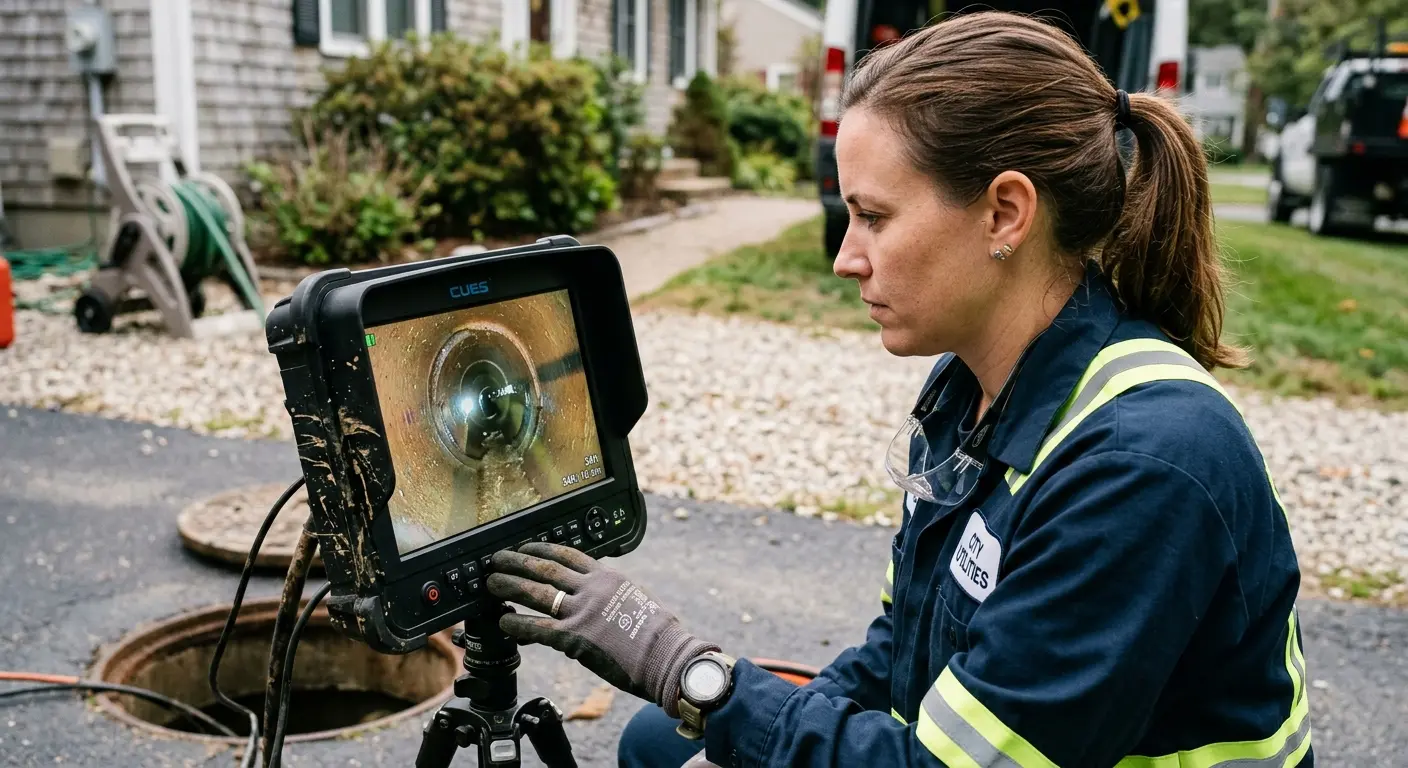 Technician reviewing sewer camera inspection footage in Belle Fourche