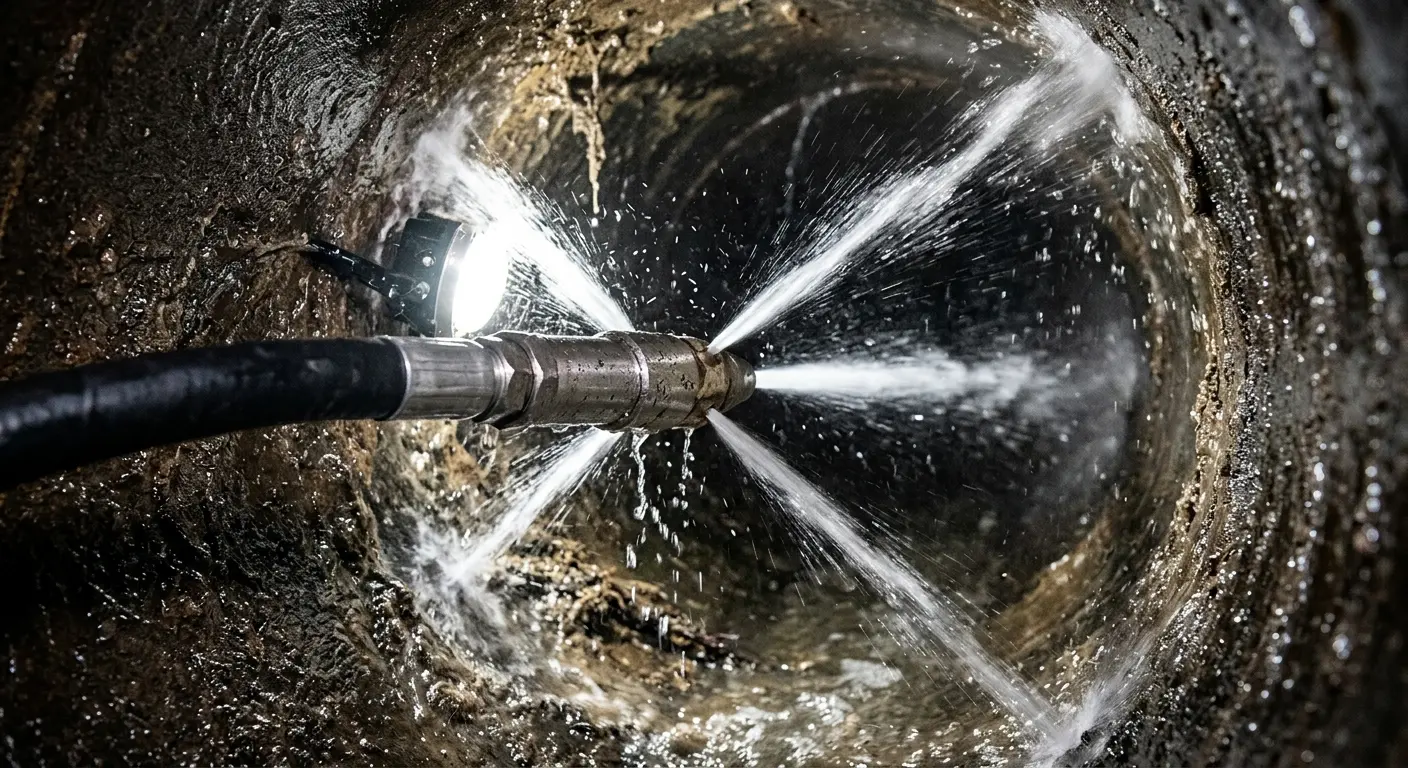 High-pressure hydro jetting nozzle cleaning sewer pipe for Trenchless Sewer Repair in Belle Fourche