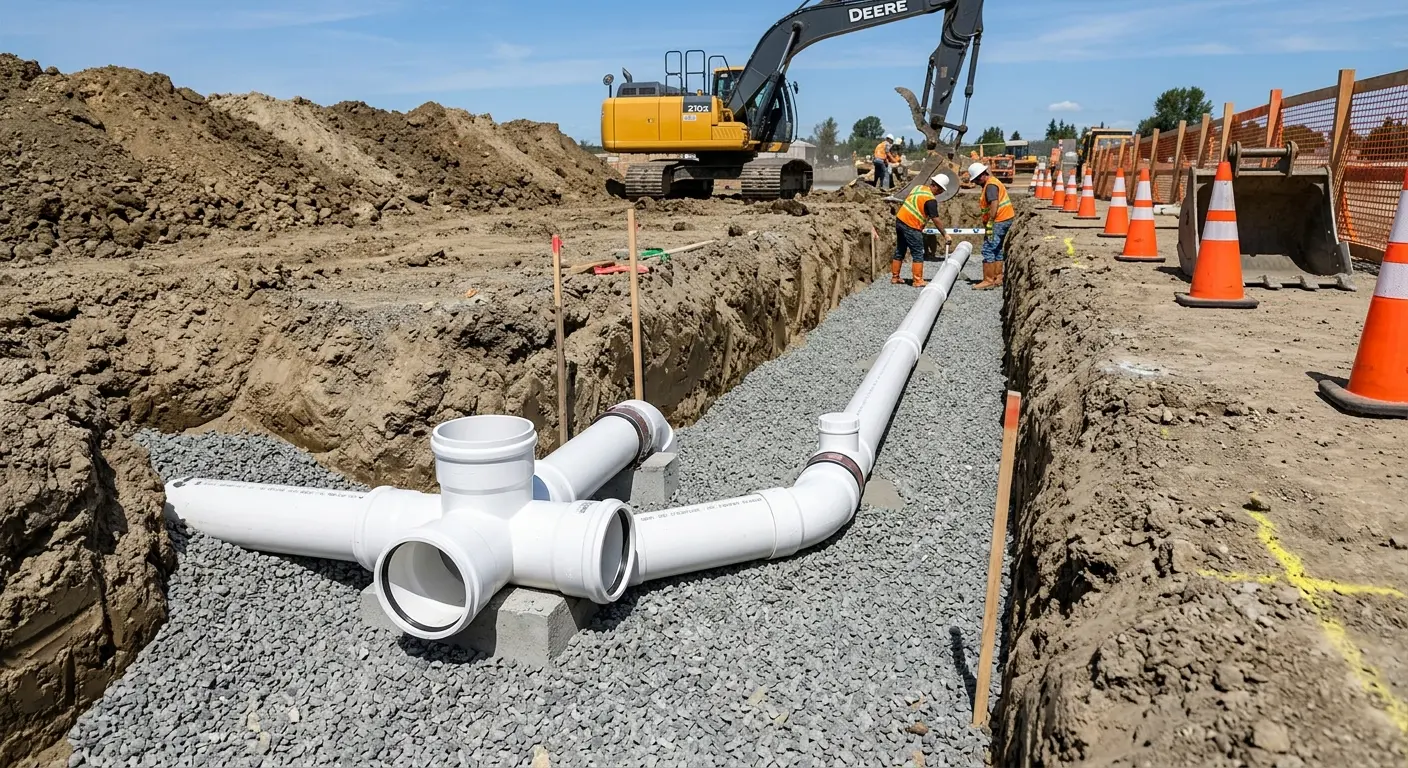 New PVC sewer pipe installation in open trench for Sewer Backup in Belle Fourche
