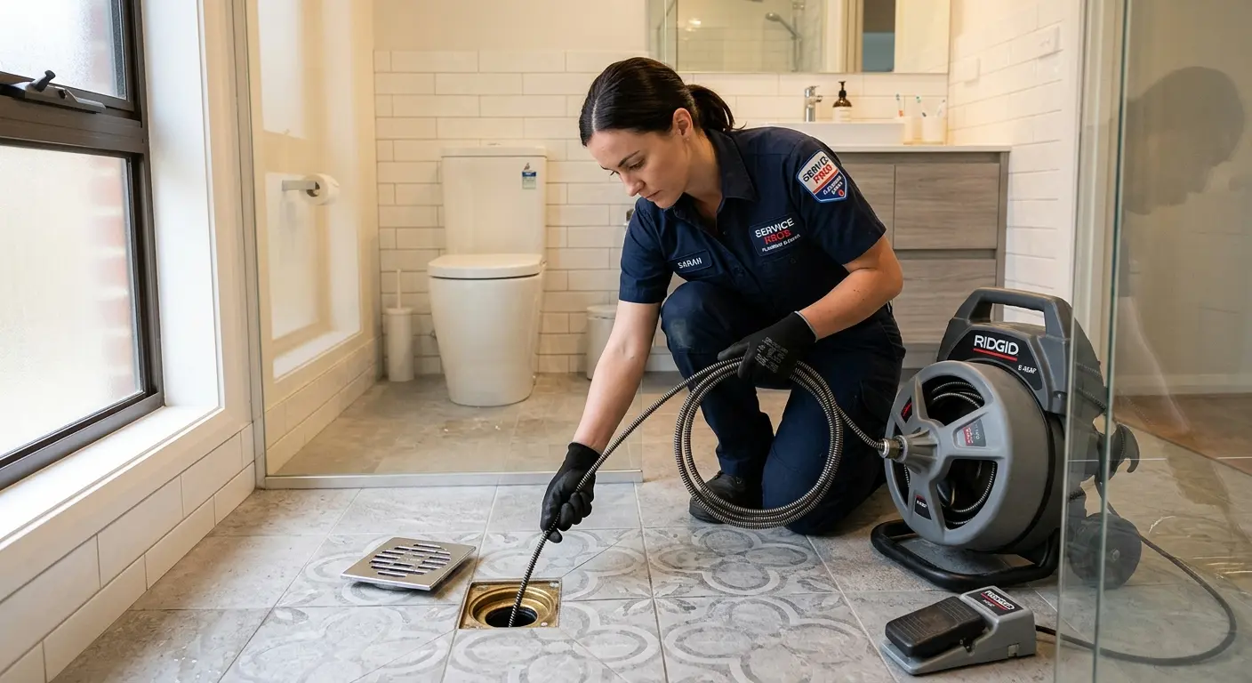 Technician clearing a bathroom floor drain for Drain Repair in Belle Fourche